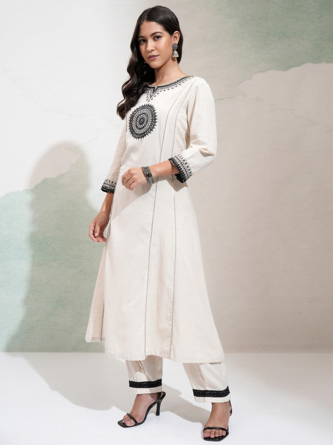 Vishudh Women Off White Embroidered Kurta With Palazzo - Off White - Image 4