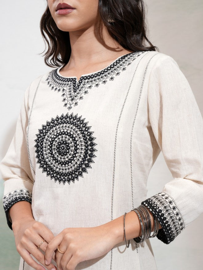 Vishudh Women Off White Embroidered Kurta With Palazzo - Off White - Image 5