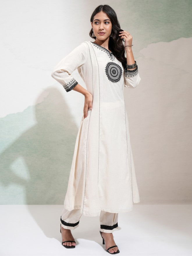 Vishudh Women Off White Embroidered Kurta With Palazzo - Off White - Image 6