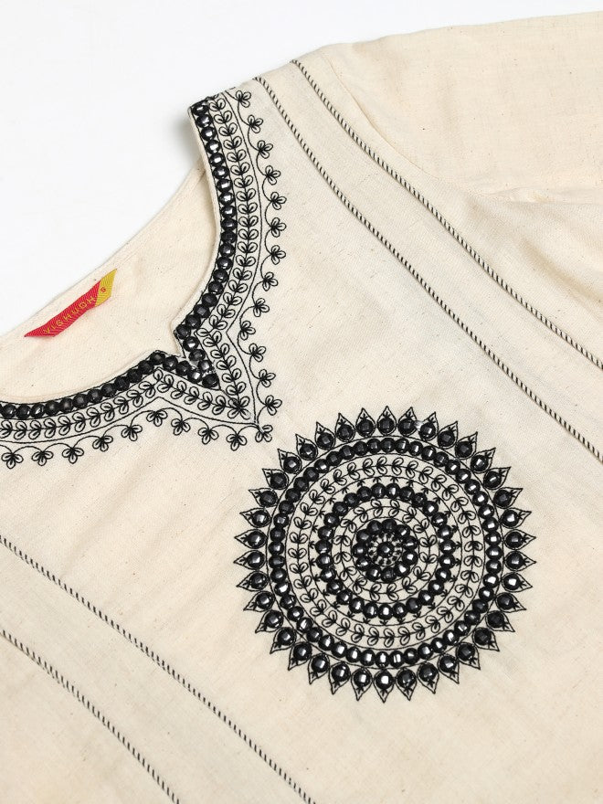Vishudh Women Off White Embroidered Kurta With Palazzo - Off White - Image 9