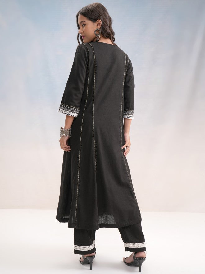 Vishudh Women Black Embroidered Kurta With Palazzo - Black - Image 3