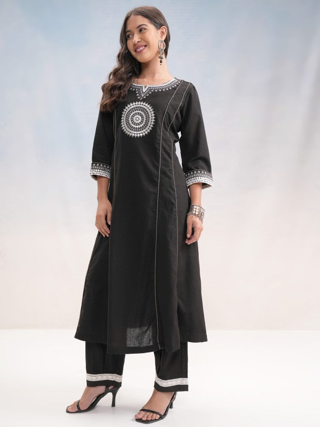 Vishudh Women Black Embroidered Kurta With Palazzo - Black - Image 4