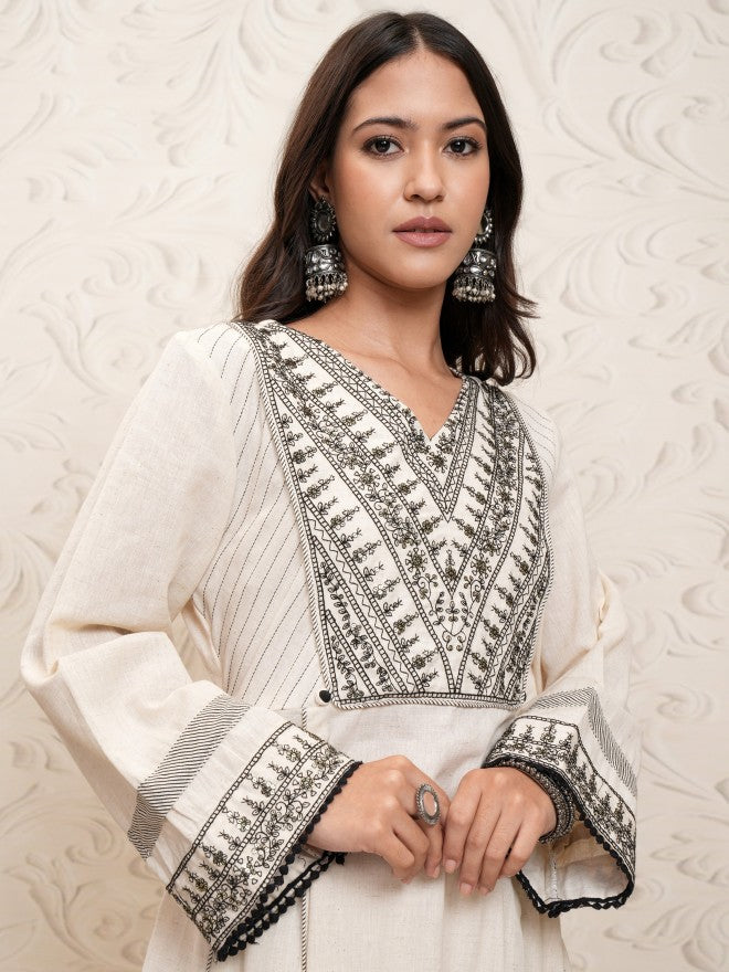 Vishudh Women Cream Embroidered Kurta With Palazzo - Cream - Image 1
