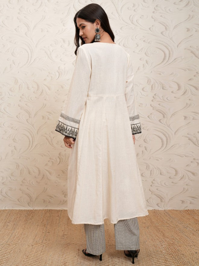 Vishudh Women Cream Embroidered Kurta With Palazzo - Cream - Image 3