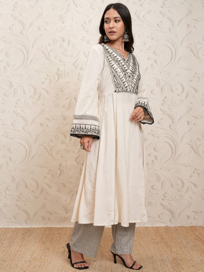 Vishudh Women Cream Embroidered Kurta With Palazzo - Cream - Image 6