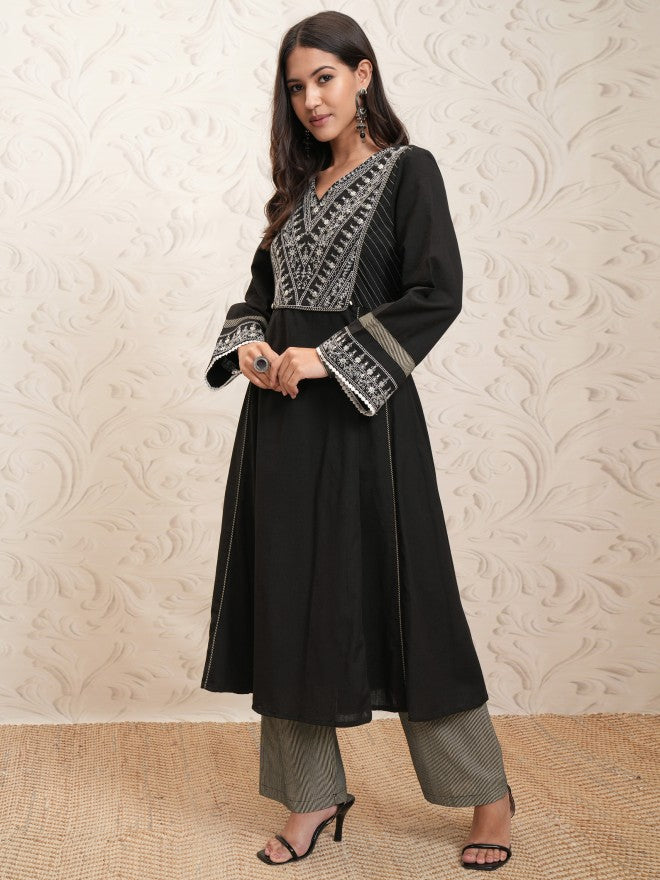 Vishudh Women Black Embroidered Kurta With Palazzo - Black - Image 4