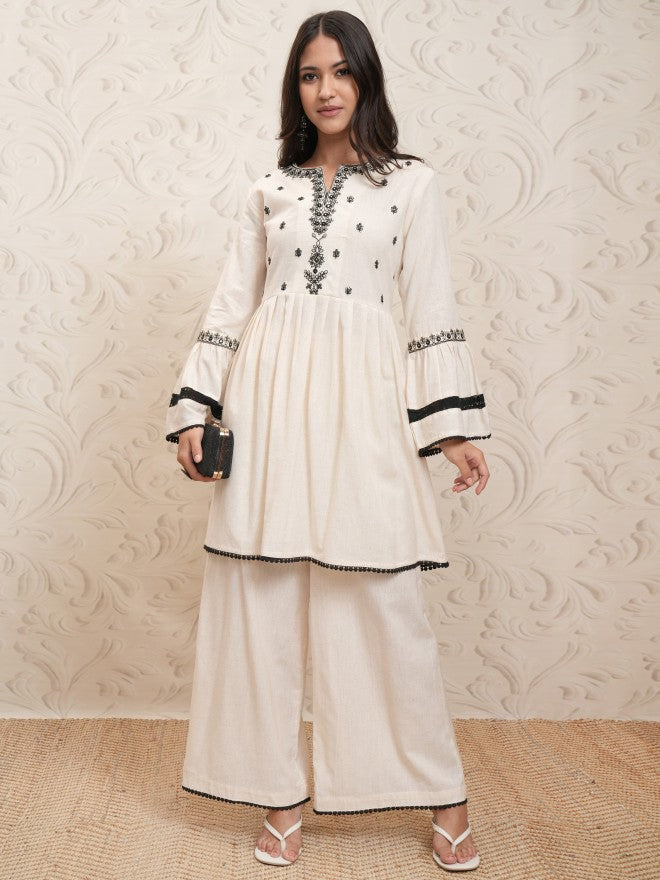 Vishudh Women Cream Embroidered Kurta With Palazzo - Cream - Image 2