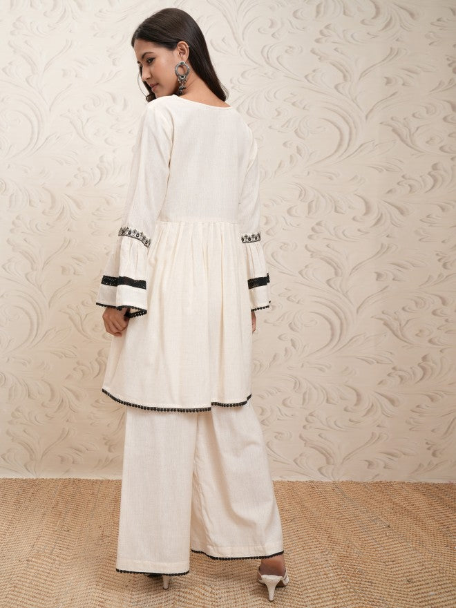 Vishudh Women Cream Embroidered Kurta With Palazzo - Cream - Image 3