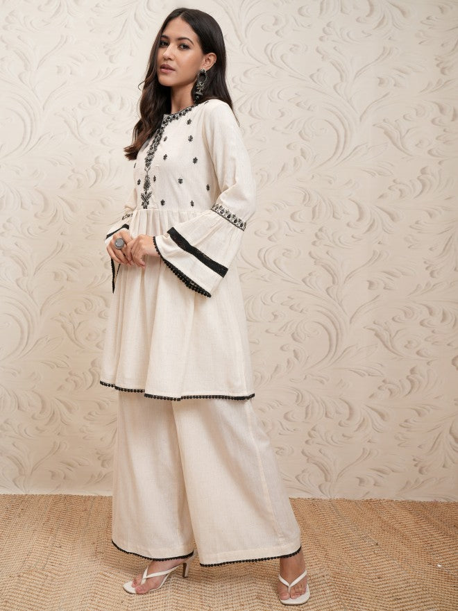 Vishudh Women Cream Embroidered Kurta With Palazzo - Cream - Image 4