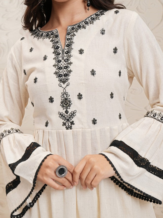 Vishudh Women Cream Embroidered Kurta With Palazzo - Cream - Image 5
