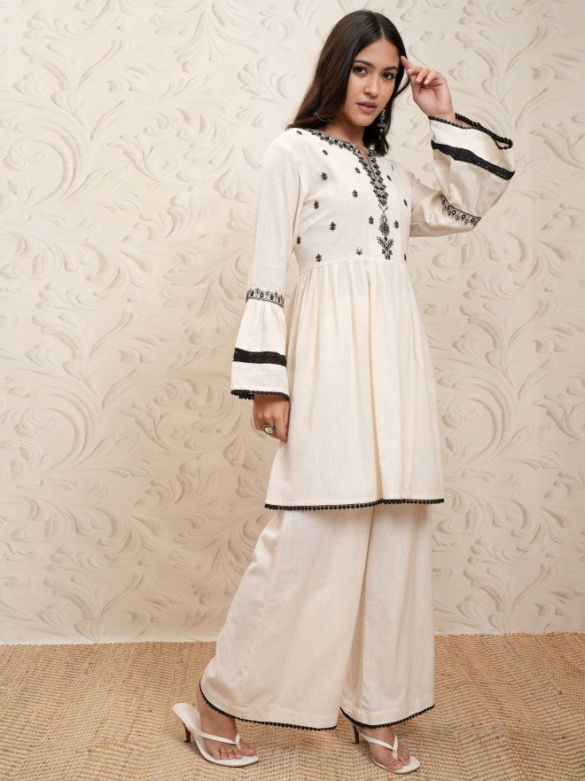 Vishudh Women Cream Embroidered Kurta With Palazzo - Cream - Image 6
