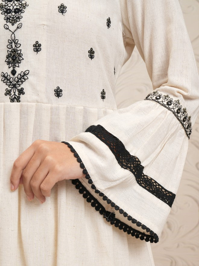 Vishudh Women Cream Embroidered Kurta With Palazzo - Cream - Image 9