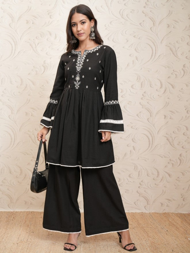 Vishudh Women Black Embroidered Kurta With Palazzo - Black - Image 2