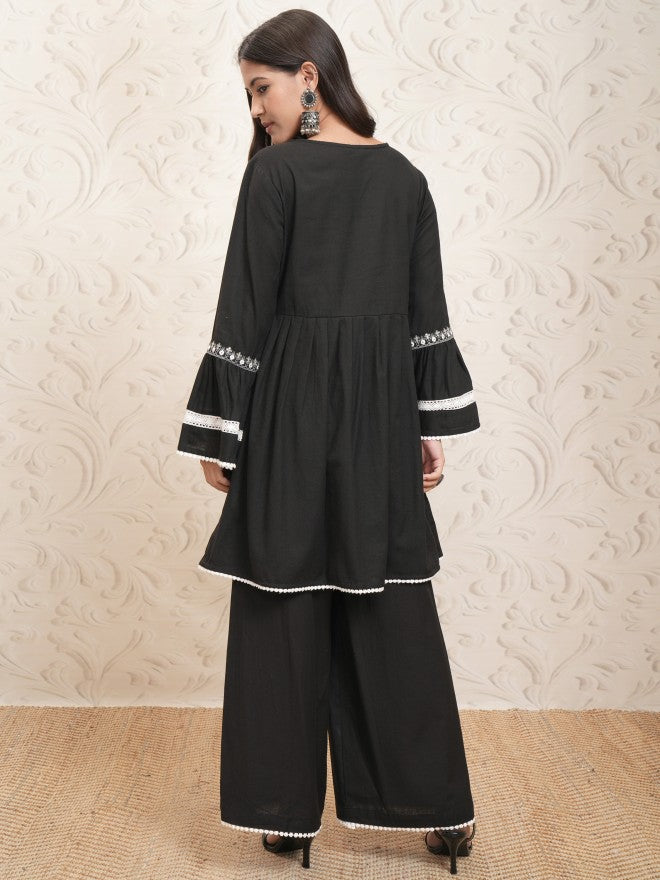 Vishudh Women Black Embroidered Kurta With Palazzo - Black - Image 3
