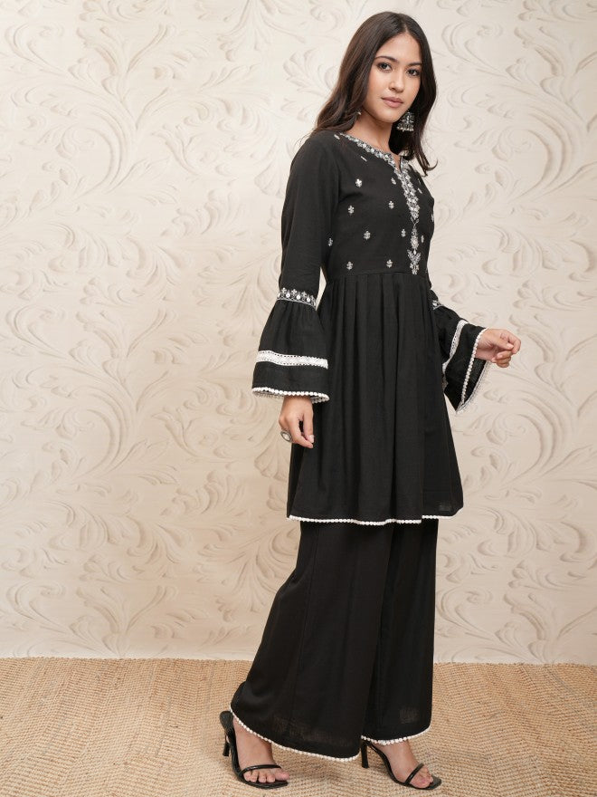 Vishudh Women Black Embroidered Kurta With Palazzo - Black - Image 6