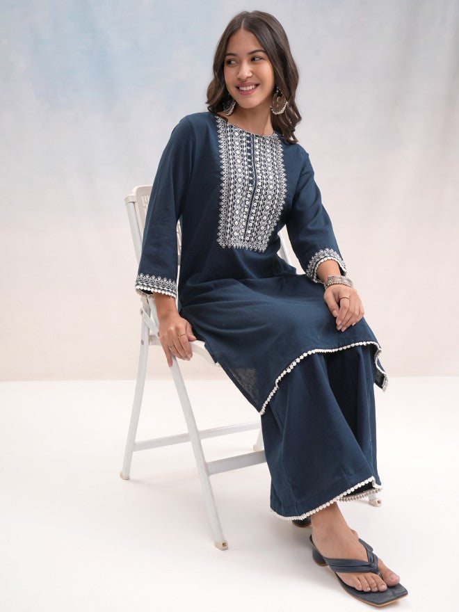 Vishudh Women Blue Embroidered Kurta With Trouser - Blue - Image 2