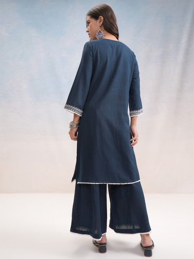 Vishudh Women Blue Embroidered Kurta With Trouser - Blue - Image 3