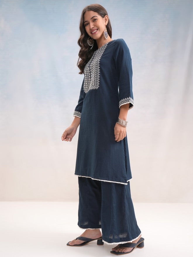 Vishudh Women Blue Embroidered Kurta With Trouser - Blue - Image 4