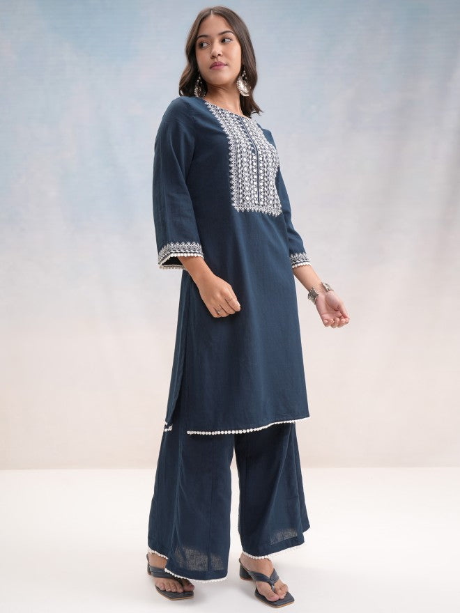 Vishudh Women Blue Embroidered Kurta With Trouser - Blue - Image 6