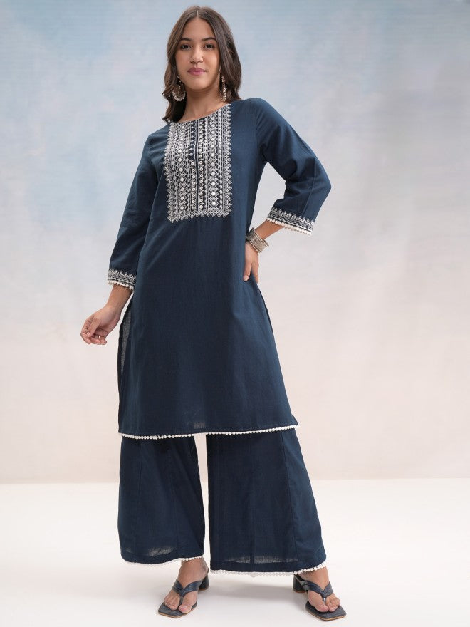Vishudh Women Blue Embroidered Kurta With Trouser - Blue - Image 7