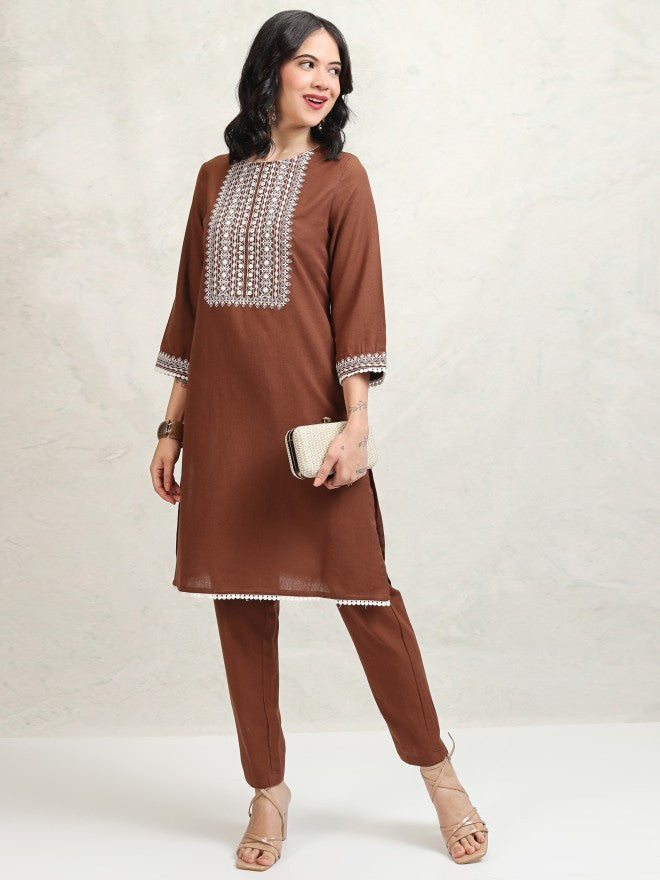 Vishudh Women Brown Embroidered Kurta With Trouser - Brown - Image 1