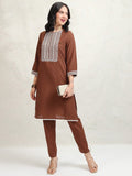 Vishudh Women Brown Embroidered Kurta With Trouser - Brown - Image 1