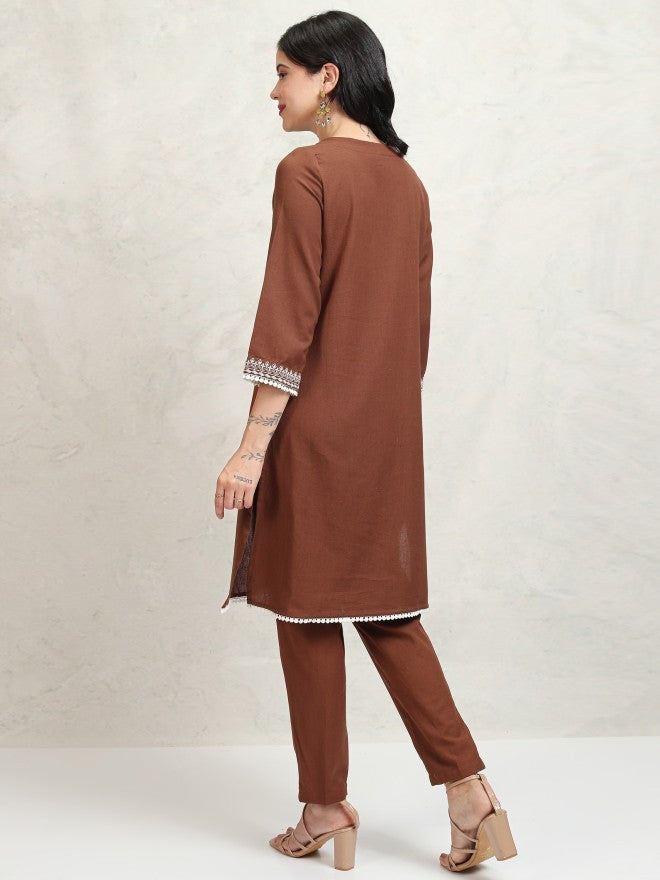 Vishudh Women Brown Embroidered Kurta With Trouser - Brown - Image 3