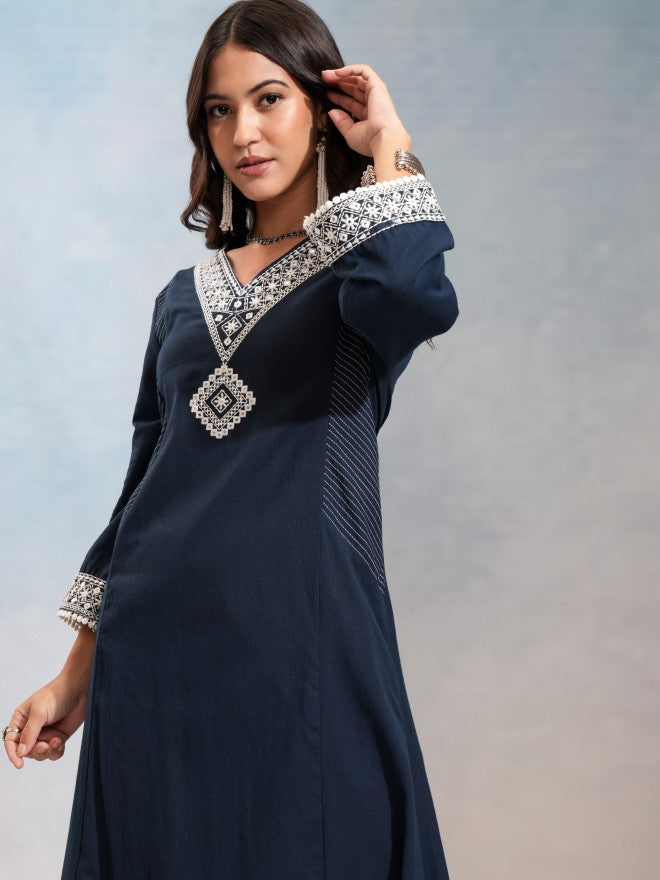 Vishudh Women Blue Embroidered Kurta With Trouser - Blue - Image 1