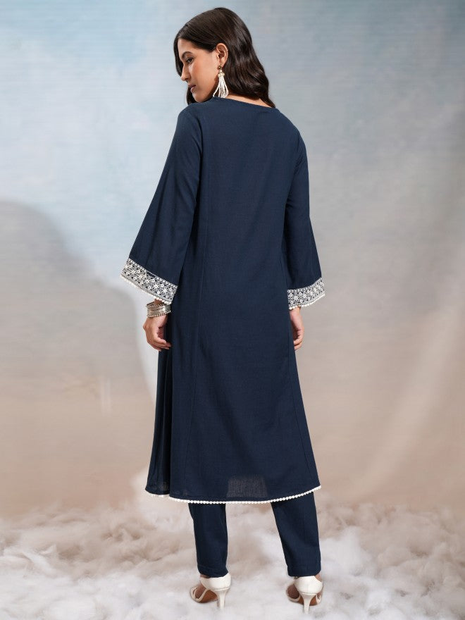 Vishudh Women Blue Embroidered Kurta With Trouser - Blue - Image 3