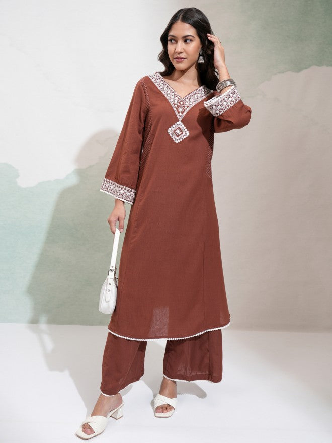 Vishudh Women Brown Embroidered Kurta With Trouser - Brown - Image 2