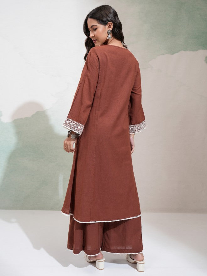Vishudh Women Brown Embroidered Kurta With Trouser - Brown - Image 3