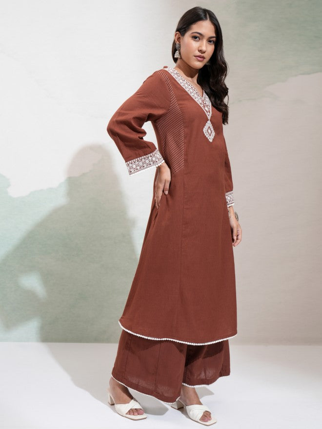 Vishudh Women Brown Embroidered Kurta With Trouser - Brown - Image 6
