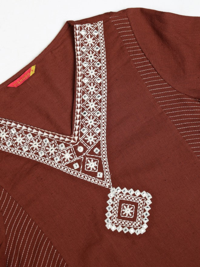 Vishudh Women Brown Embroidered Kurta With Trouser - Brown - Image 9