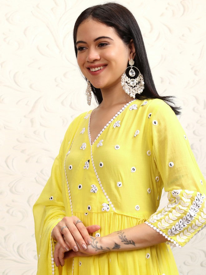 Vishudh Women Yellow Embroidered Kurta With Trouser And Dupatta - Yellow - Image 1