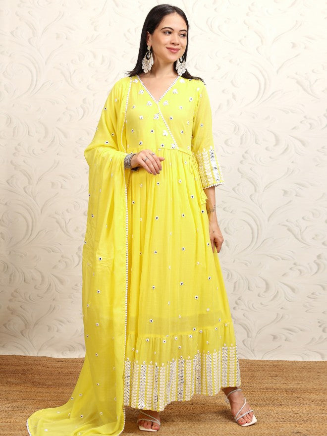 Vishudh Women Yellow Embroidered Kurta With Trouser And Dupatta - Yellow - Image 2