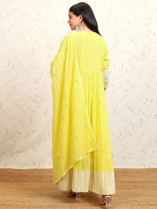 Vishudh Women Yellow Embroidered Kurta With Trouser And Dupatta - Yellow - Image 3