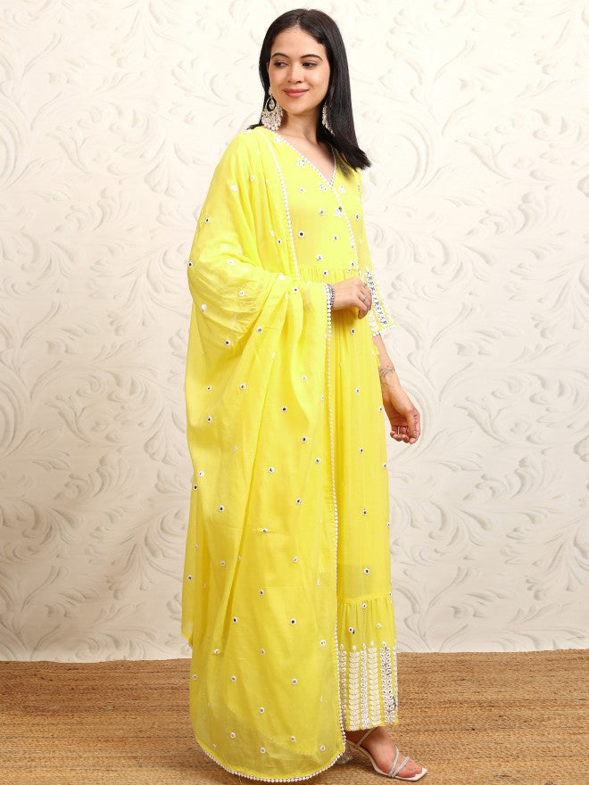 Vishudh Women Yellow Embroidered Kurta With Trouser And Dupatta - Yellow - Image 6