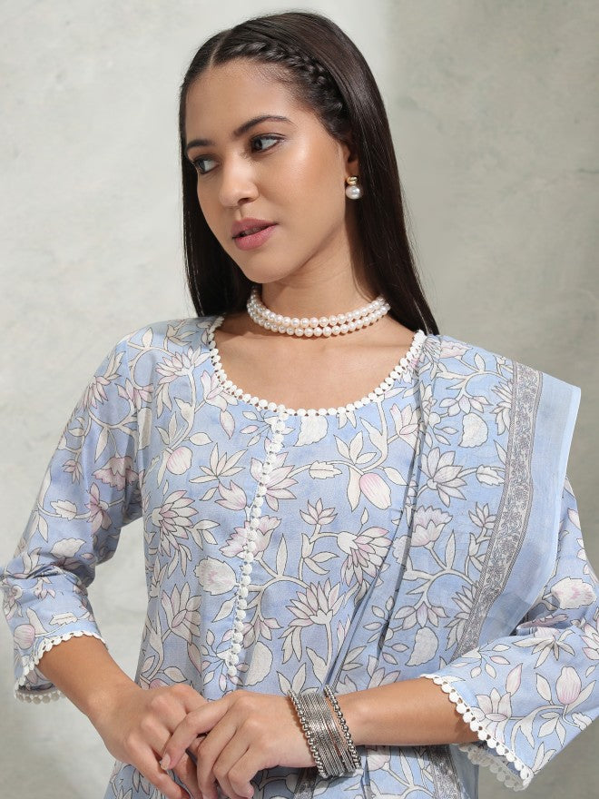 Vishudh Women Blue Printed Kurta With Trouser And Dupatta - Blue - Image 1