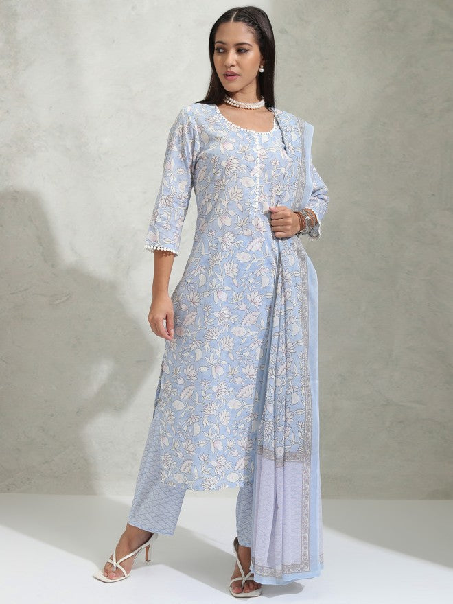 Vishudh Women Blue Printed Kurta With Trouser And Dupatta - Blue - Image 2