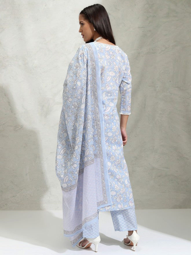 Vishudh Women Blue Printed Kurta With Trouser And Dupatta - Blue - Image 3