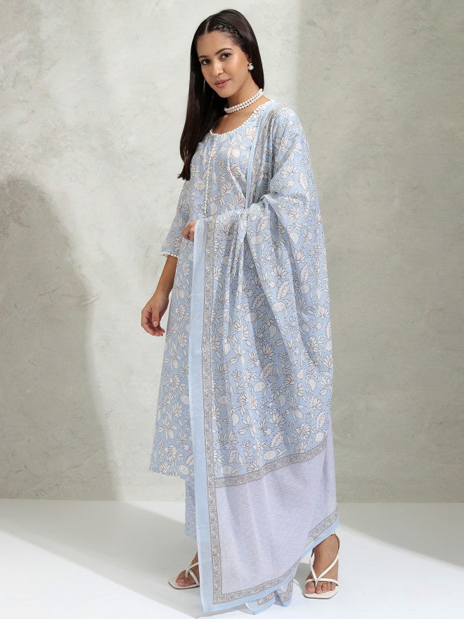 Vishudh Women Blue Printed Kurta With Trouser And Dupatta - Blue - Image 4