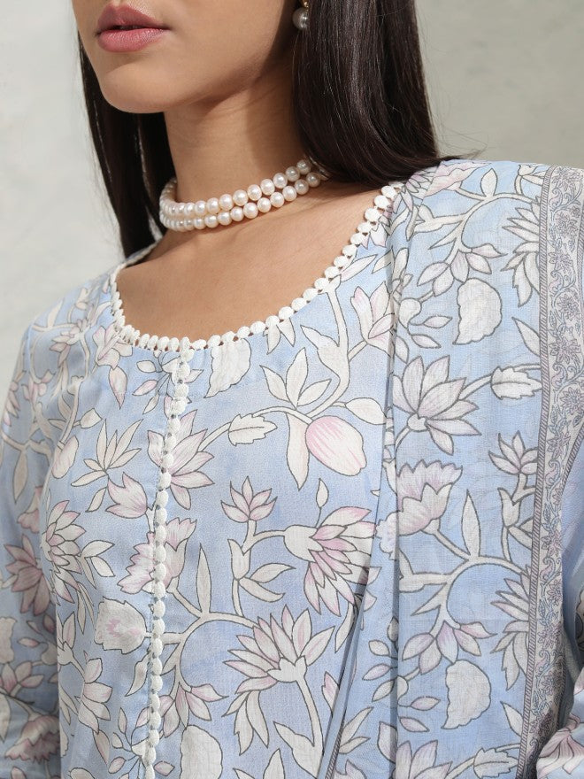 Vishudh Women Blue Printed Kurta With Trouser And Dupatta - Blue - Image 5