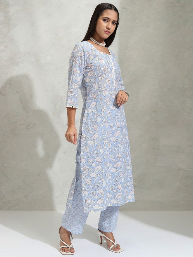 Vishudh Women Blue Printed Kurta With Trouser And Dupatta - Blue - Image 6