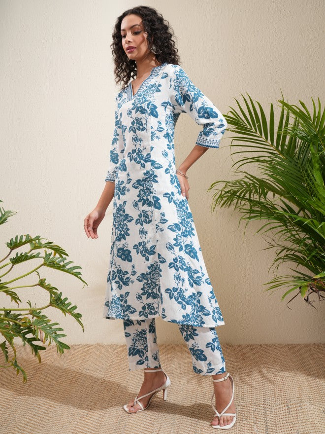 Vishudh Women White Printed Kurta With Trouser - White - Image 4