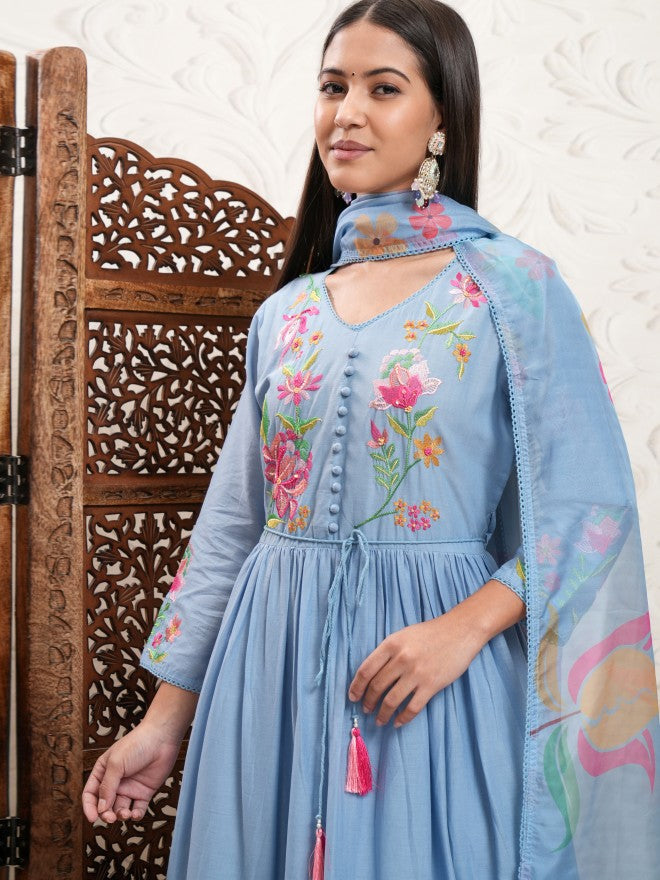 Vishudh Women Blue Embroidered Kurta With Trouser And Dupatta - Blue - Image 1