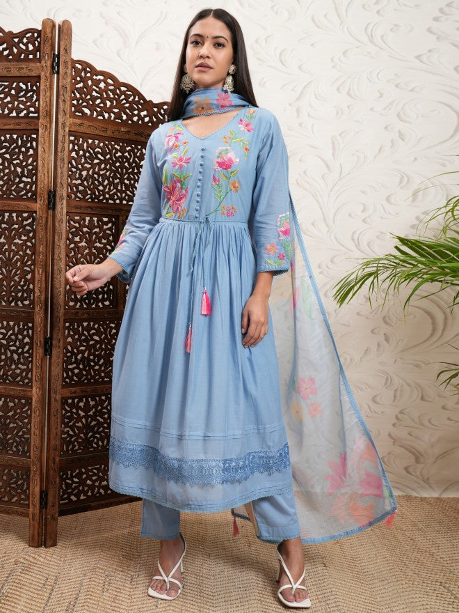Vishudh Women Blue Embroidered Kurta With Trouser And Dupatta - Blue - Image 2