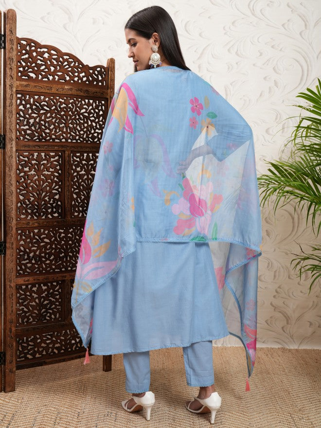 Vishudh Women Blue Embroidered Kurta With Trouser And Dupatta - Blue - Image 3
