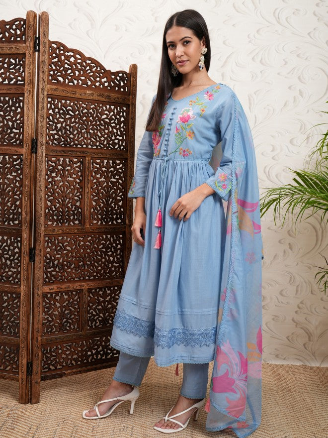 Vishudh Women Blue Embroidered Kurta With Trouser And Dupatta - Blue - Image 4