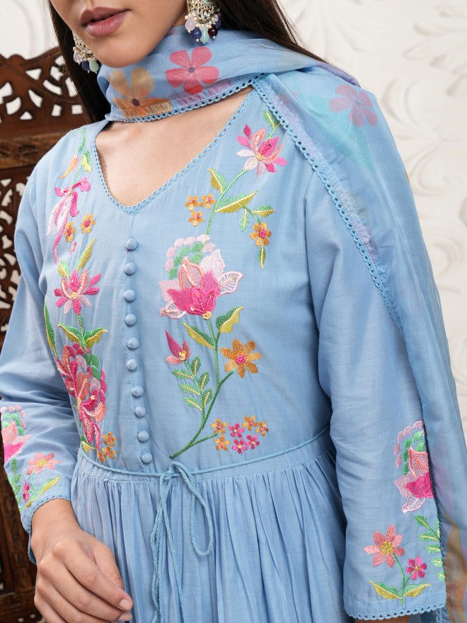 Vishudh Women Blue Embroidered Kurta With Trouser And Dupatta - Blue - Image 5