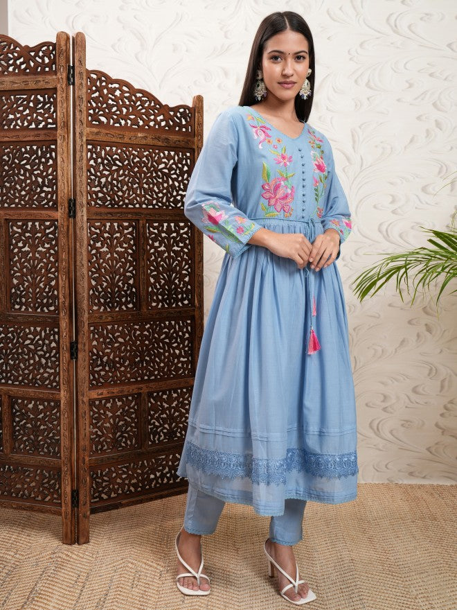 Vishudh Women Blue Embroidered Kurta With Trouser And Dupatta - Blue - Image 6